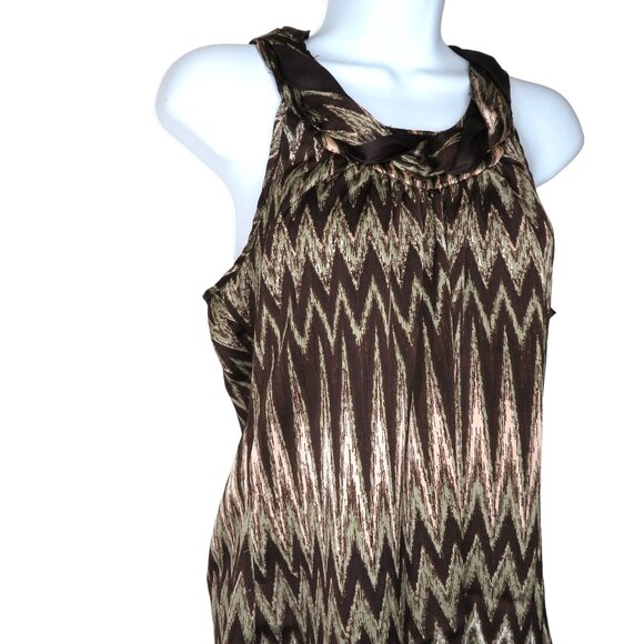 Womens Sleeveless Brown Chevron Blouse M Keyhole Tie Neck Loose Y2K Tank Top - Picture 4 of 10
